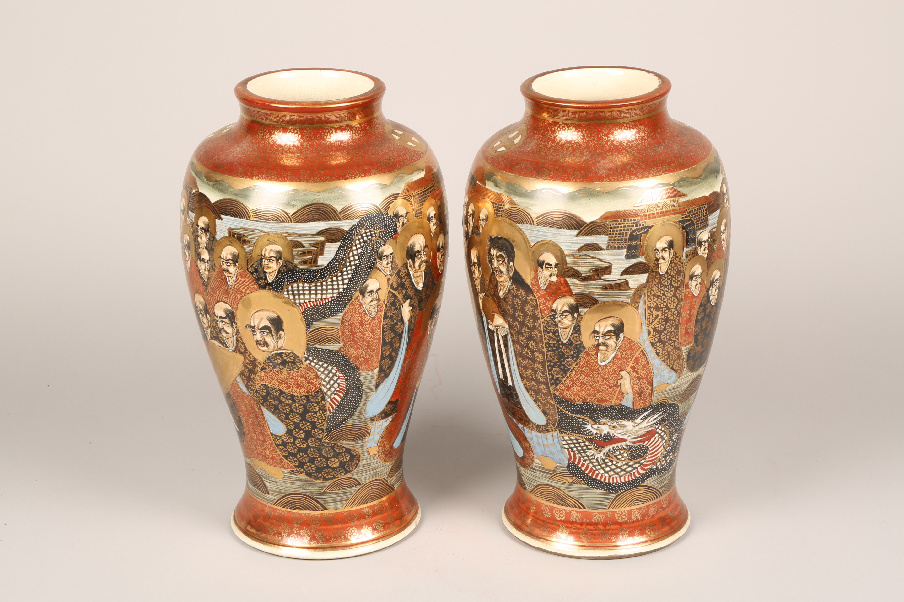 Pair Japanese Satsuma Pottery vases, baluster form, decorated with rakan and dragons. Meiji - Image 3 of 7