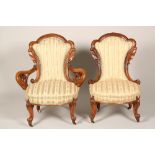Pair Victorian walnut drawing room chairs, foliate carved frames and raised on short cabriole legs
