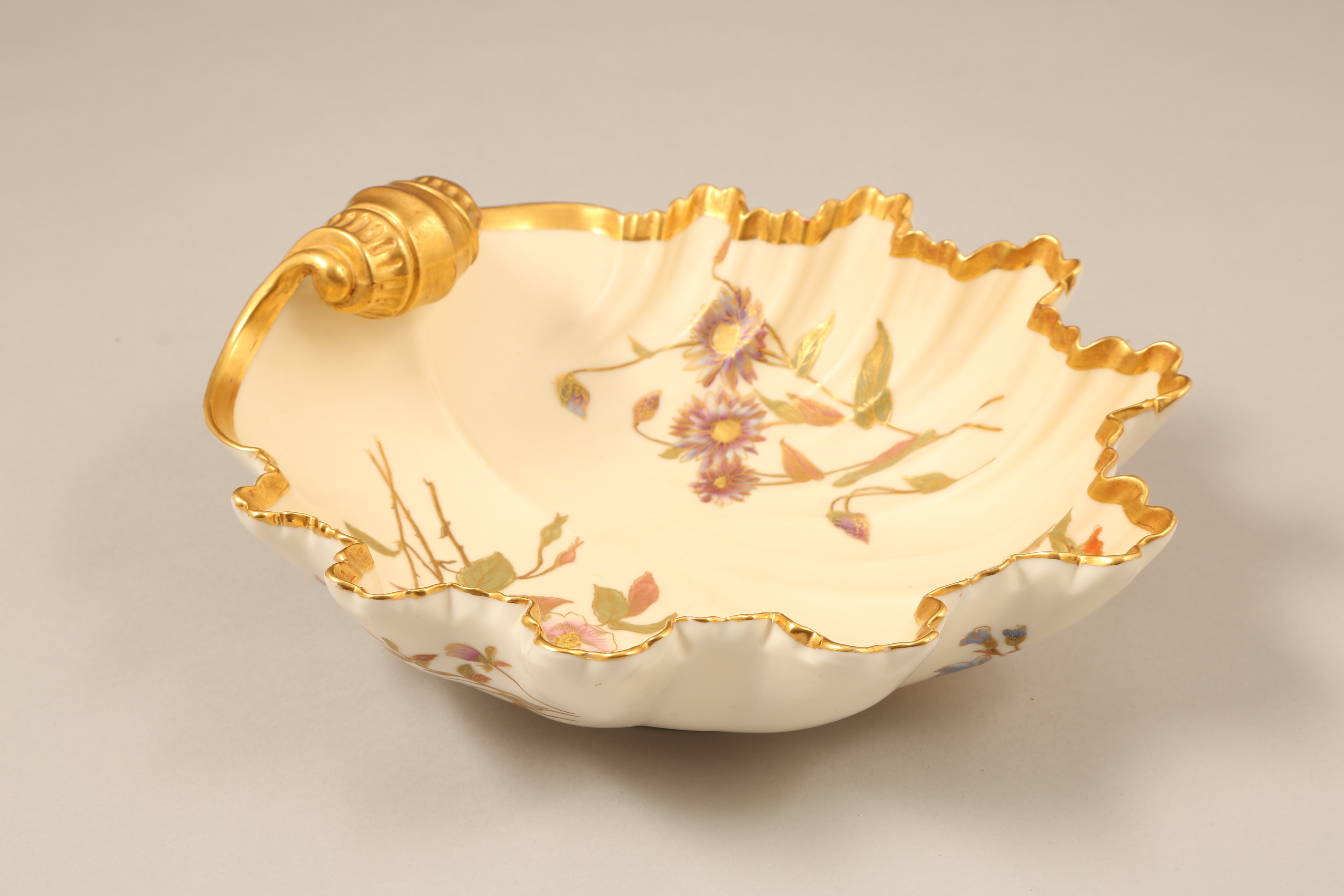 Royal Worcester scallop shaped bowl, decorated with hand painted flowers, gilt enrichments. Model - Image 2 of 2