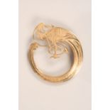 9 carat gold circular brooch by Tain Silver. Stylised Celtic bird motif. Stamped TAIN to reverse