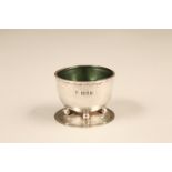 Arts & Crafts silver hammered table salt with original green glass liner. Assay marked London