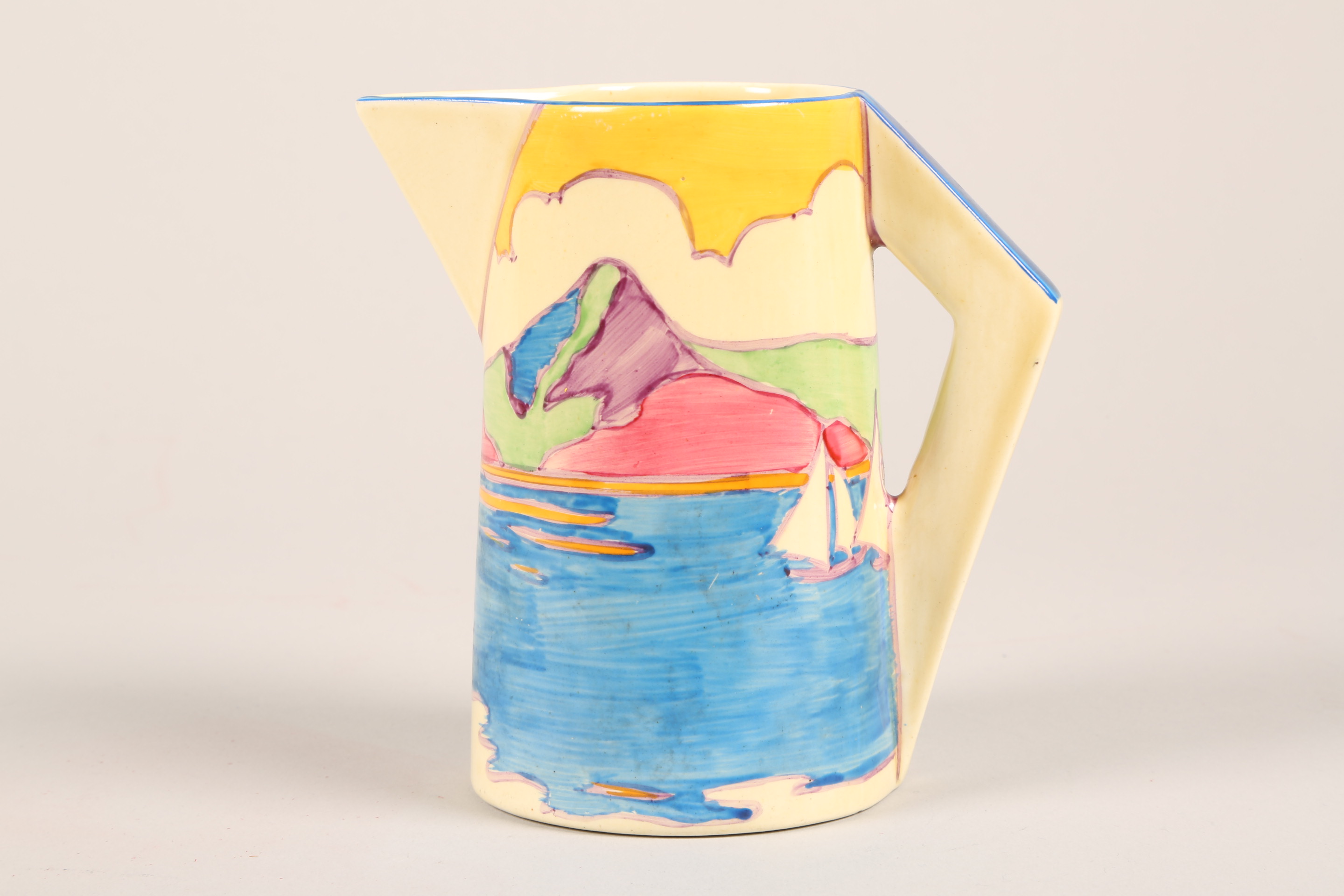 Clarice Cliff conical jug, in the Gibraltar Design, Fantasque and Bizarre marks. Height 13.5cm - Image 2 of 7