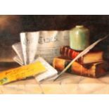 Indistinctly Signed Framed oil on Canvas, signed Still Life 'Books, Letter and The Times