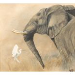 Jonathan Truss ARR Framed oil on board, signed 'The Elephant and the Snowy Egret' 39cm x 42cm