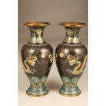 Pair Japanese cloisonné vases, baluster shaped black background with two dragons