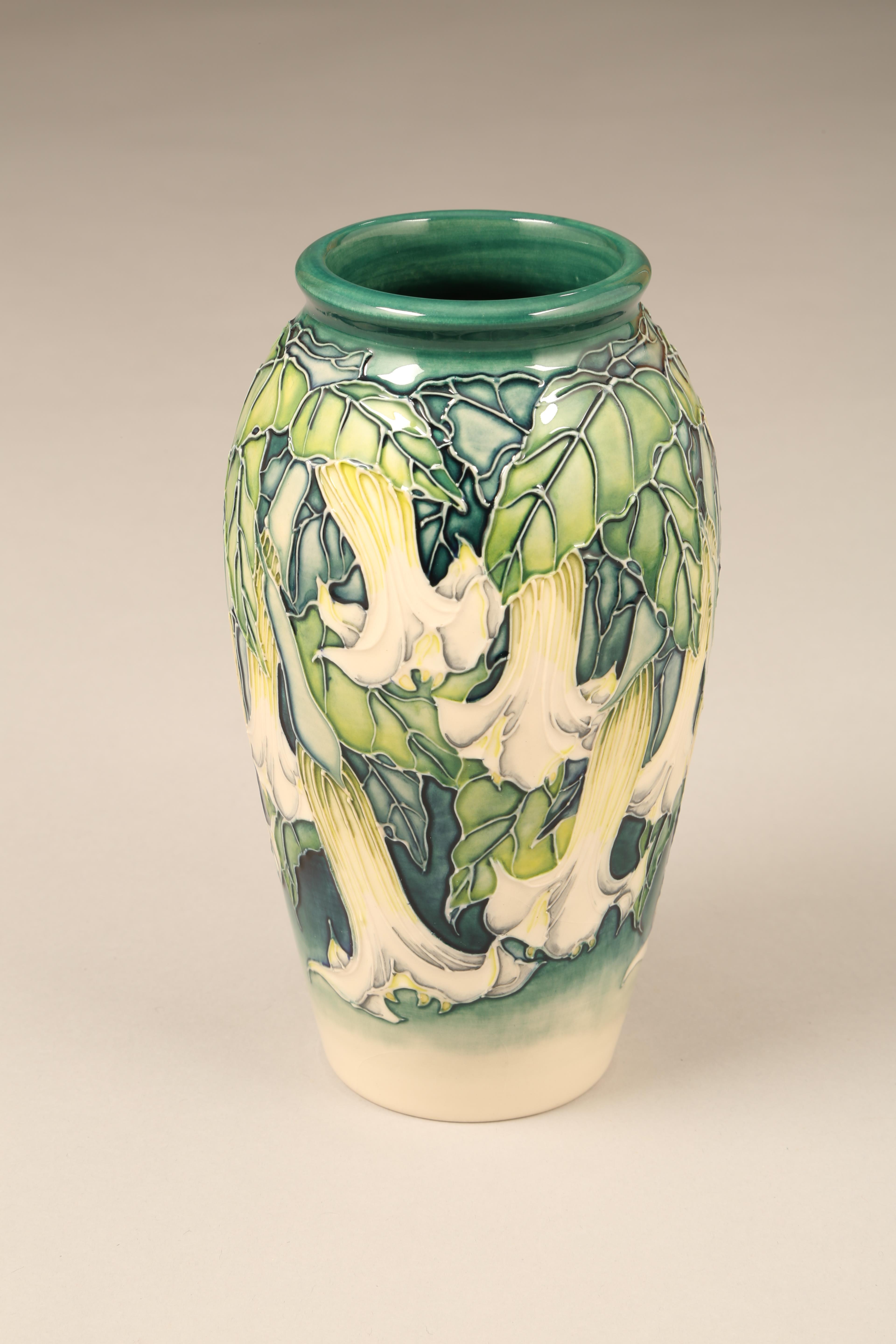 Moorcroft vase, 'Angels and Trumpets' signed Anji Davenport dated 1998 18.5cm high in original box