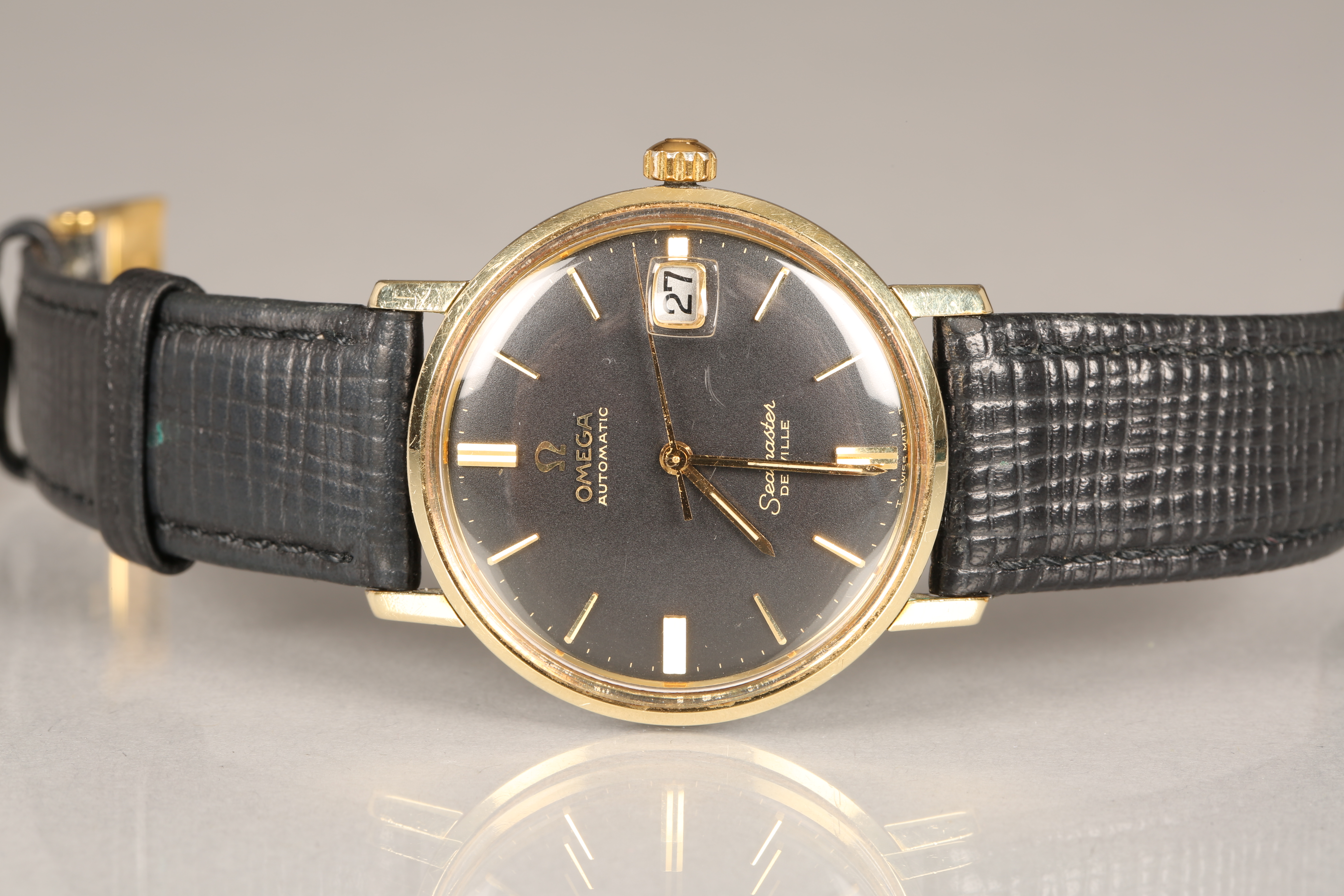 Gents Omega automatic Seamaster deville wrist watch, with black dial and date aperture on black