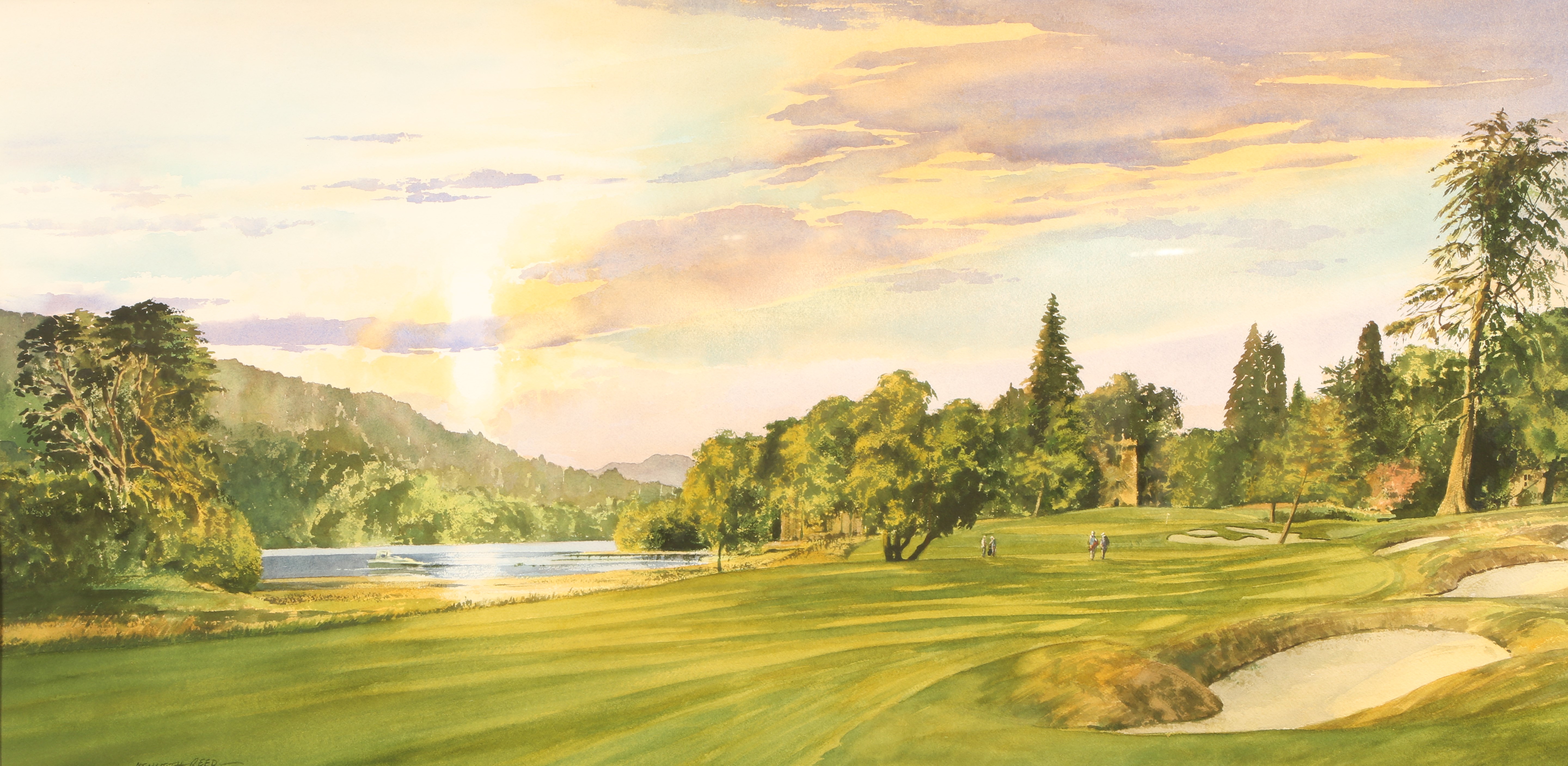 Kenneth Reed ARR Gilt framed watercolour 'Loch Lomond Golf Course' 46cm x 93cm - Image 2 of 2