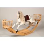 Modern carved oak rocking horse with spindle backed chairs to either end. Hand painted horse with