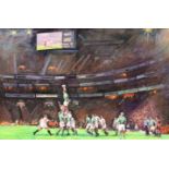 Shahin Memishi ARR Framed acrylic on canvas, signed S.M. 'Six Nations Rugby Match, Ireland v