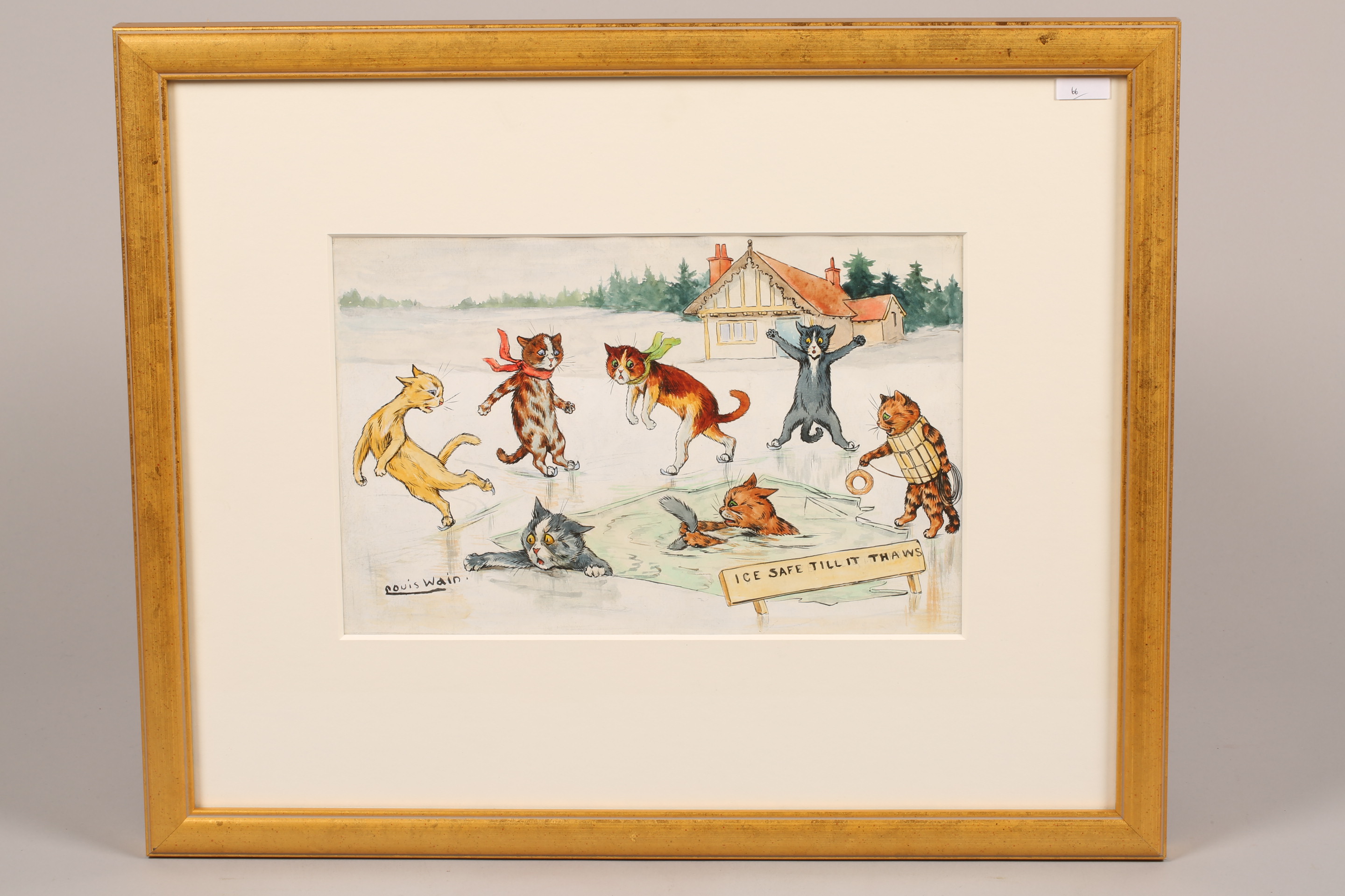 Louis Wain (British 1860-1939) Framed watercolour, signed 'Ice Safe till it Thaws' 20cm x 31cm - Image 2 of 4