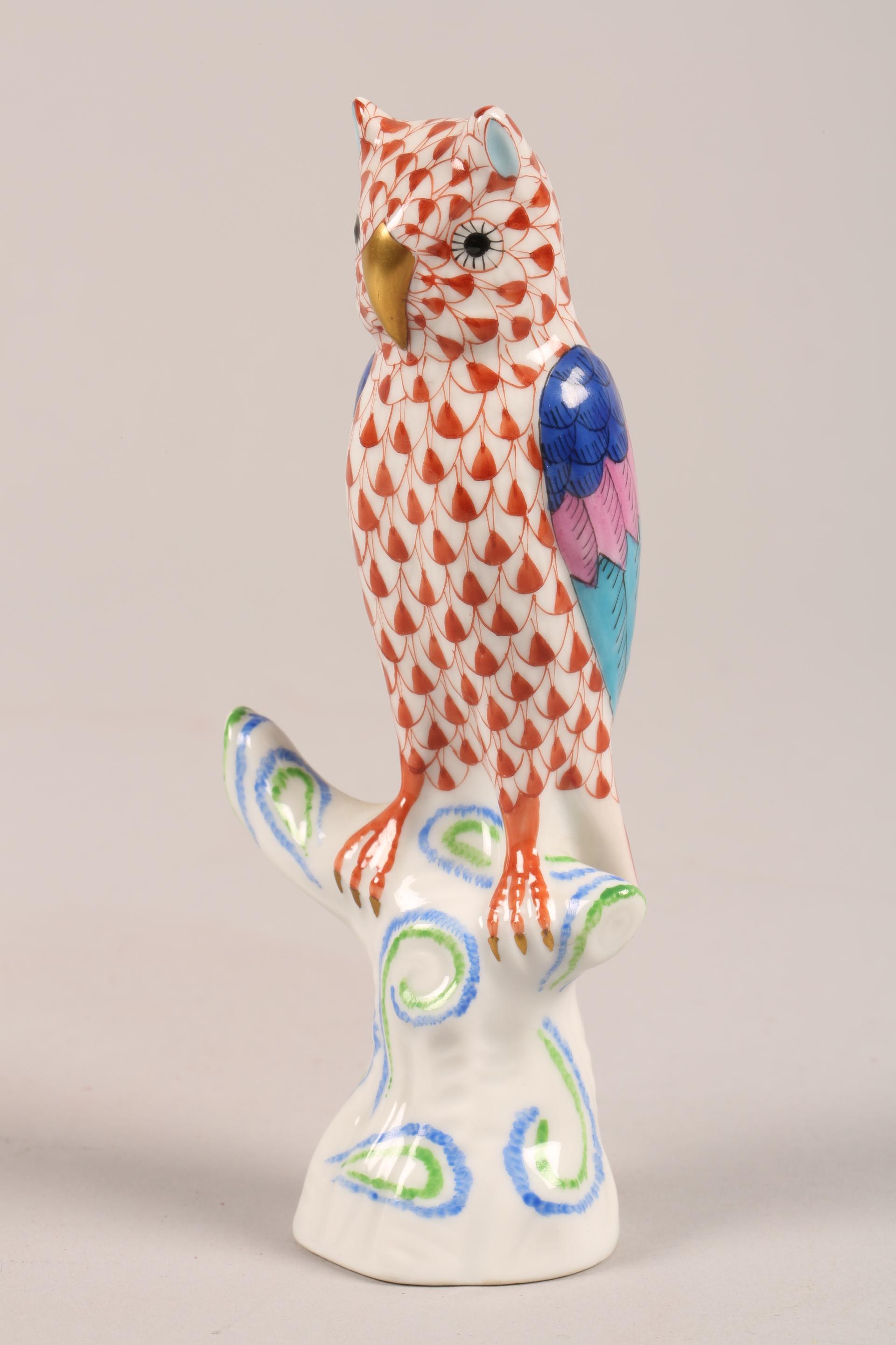 Three assorted hand painted Herend animal figure ornaments; Owl, Parrot and a Frog - Image 4 of 4