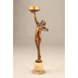 Art Deco bronzed lady figure table lamp, young woman at full stretch on her toes, mounted to an onyx