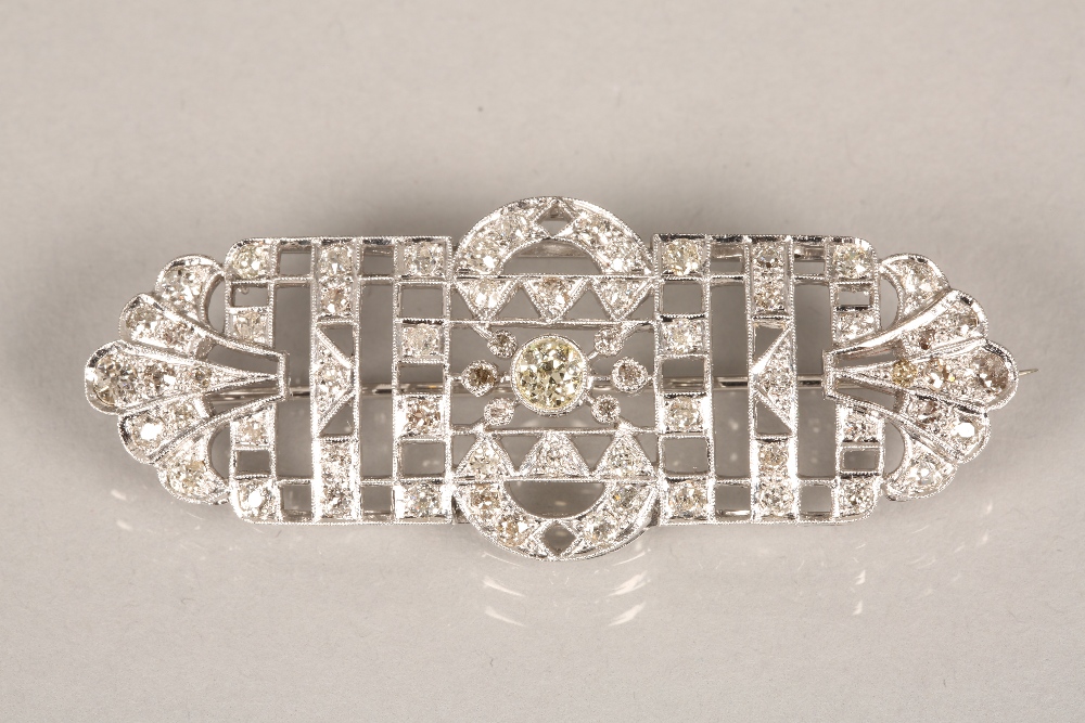 Ladies Art Deco diamond encrusted brooch, old cut diamonds set in unmarked white metal. Principal