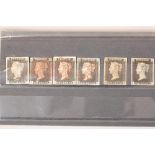 Six individual 1840 1d blacks, very fine used 4 margins. Mounted to a stock card