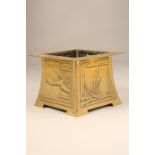 Arts and Crafts brass jardinere, square tapered form decorated with embossed dragonflies and a