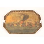 A Victorian handpainted metal tray depicting a naval battle 70.5cm long 49cm high