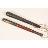 A Victorian painted turned wooden truncheon with a queens crown marked VR, 46cm long and an Irish