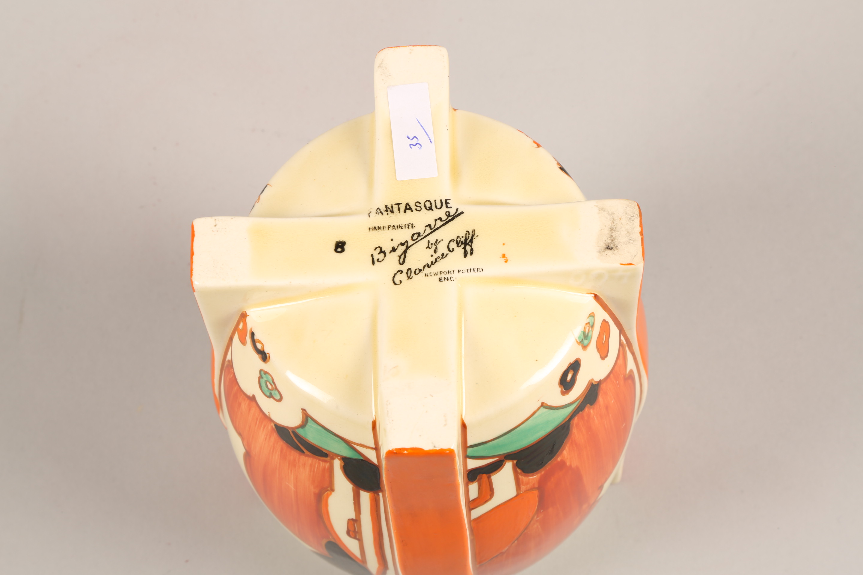 Clarice Cliff Bizarre vase, raised on four feet hand painted in the farmhouse pattern, signed - Image 2 of 7