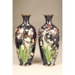Pair of cloisonné vases, baluster form, cobalt blue ground decorated with assorted flowers and