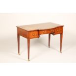 Edwardian leather topped mahogany writing table, breakfront crossbanded edge, three frieze