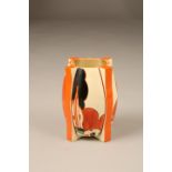 Clarice Cliff Bizarre vase, raised on four feet hand painted in the farmhouse pattern, signed