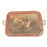 A Victorian handpainted metal tray, depicting French officers on horseback in battle (some paint
