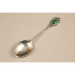 Arts & Crafts silver spoon with hammered finish to bowl and inset cabochon agate finial. Assay