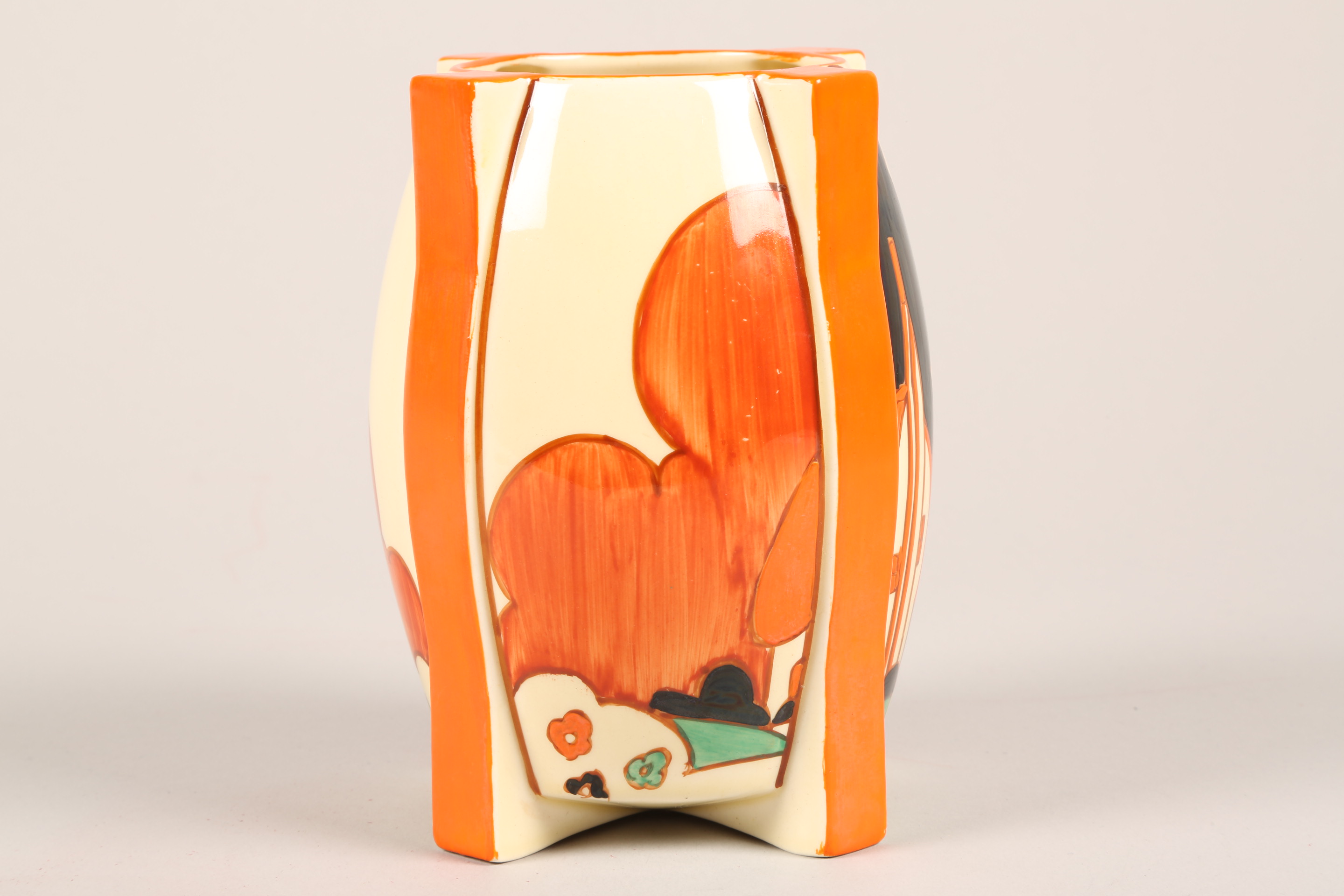 Clarice Cliff Bizarre vase, raised on four feet hand painted in the farmhouse pattern, signed - Image 6 of 7