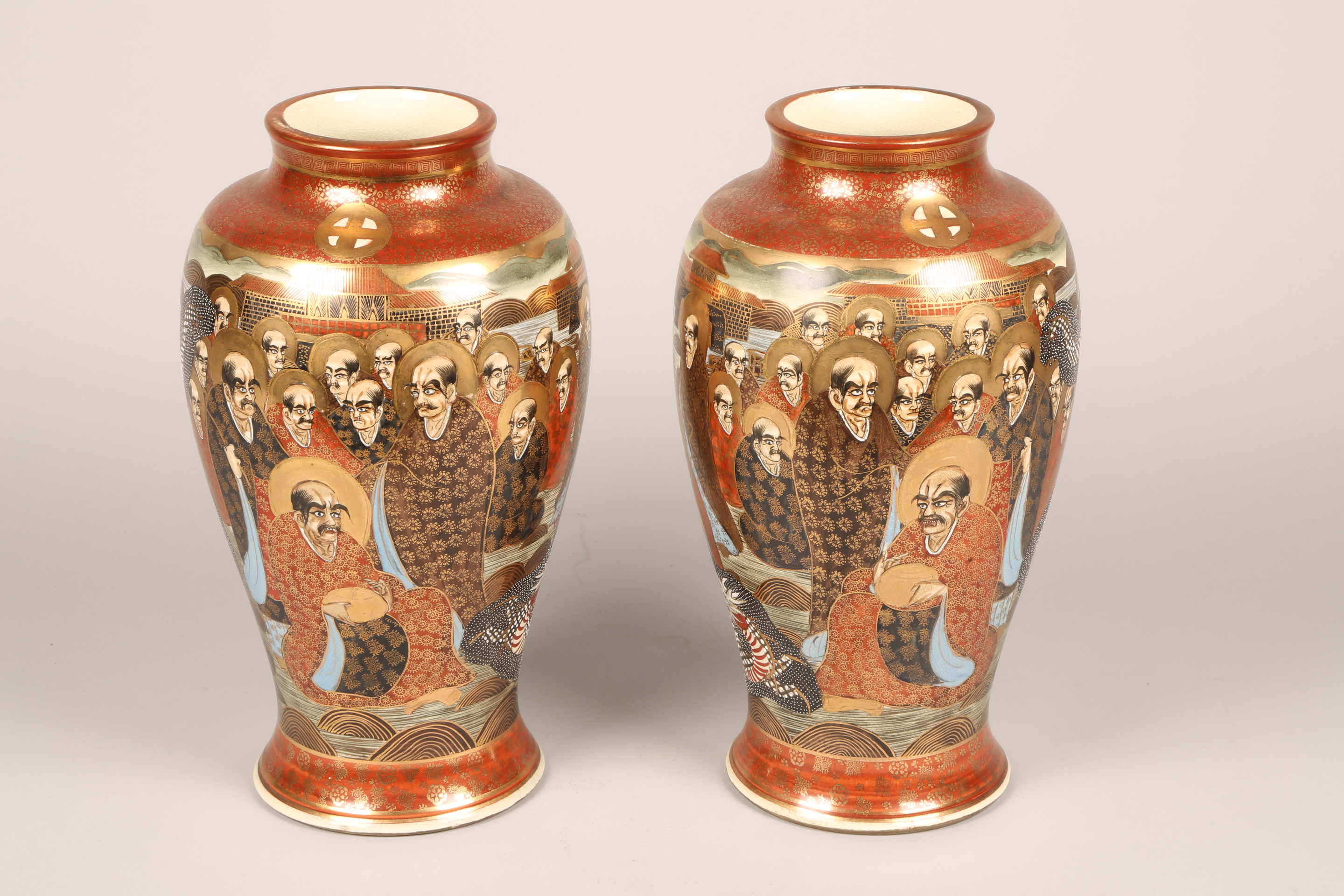 Pair Japanese Satsuma Pottery vases, baluster form, decorated with rakan and dragons. Meiji - Image 4 of 7