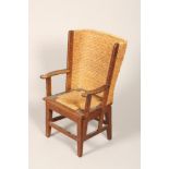 Childs Orkney chair, wooden frame with curved rush back 85cm high