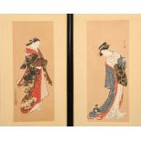 Pair 19/20th Century Japanese Woodblock prints Figure studies, dressed in kimonos, one with a cat.