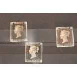 Three individual 1840 1d blacks, very fine used 4 margins. Mounted to a stock card