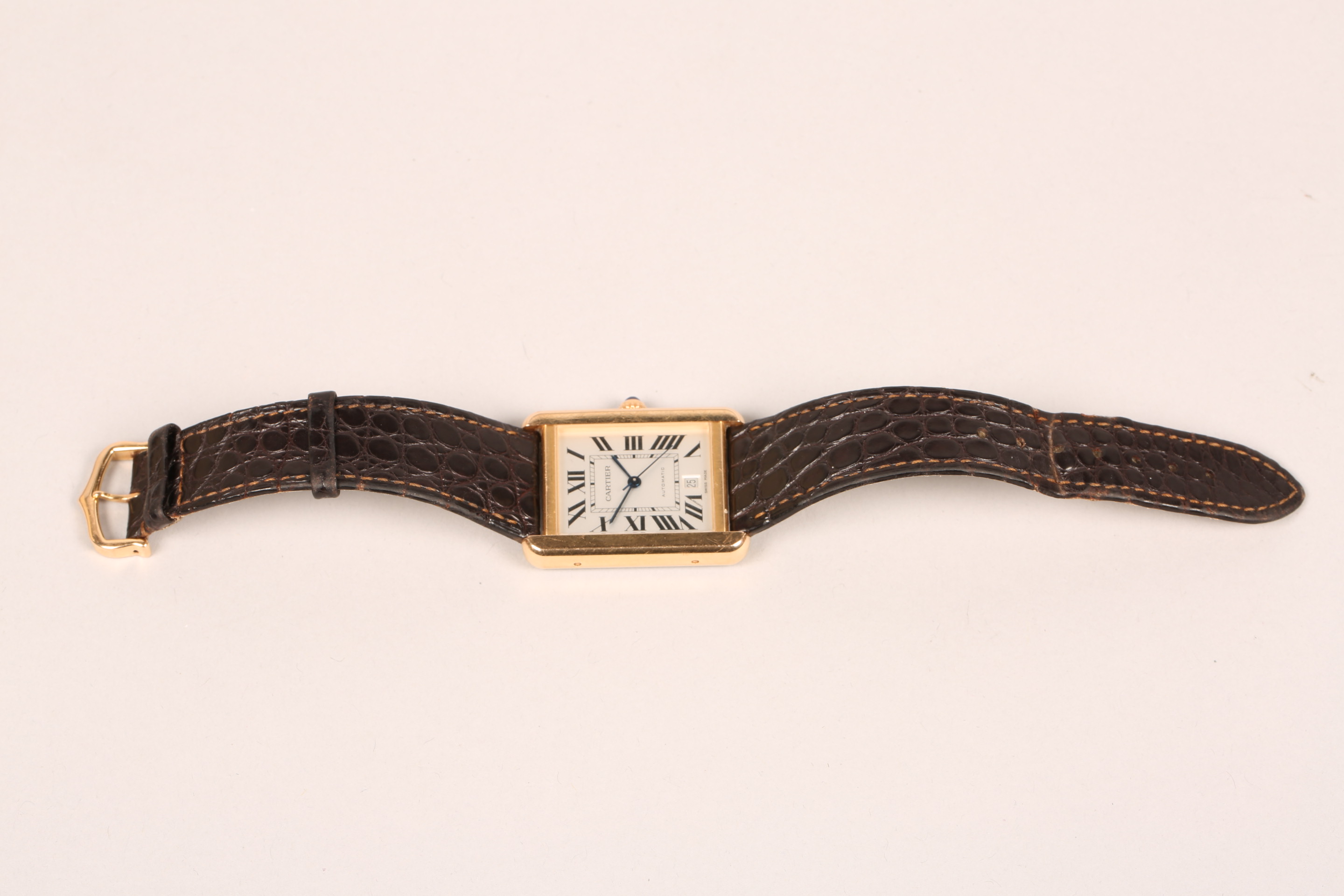 Cartier Tank Solo XL 18ct gold automatic wrist watch. Grey dial with Roman numerals, sapphire ins