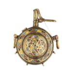 ‡ A RUSSIAN SMALL ENAMELLED BRASS POWDER-FLASK, 17TH/18TH CENTURY of circular form, enamelled on