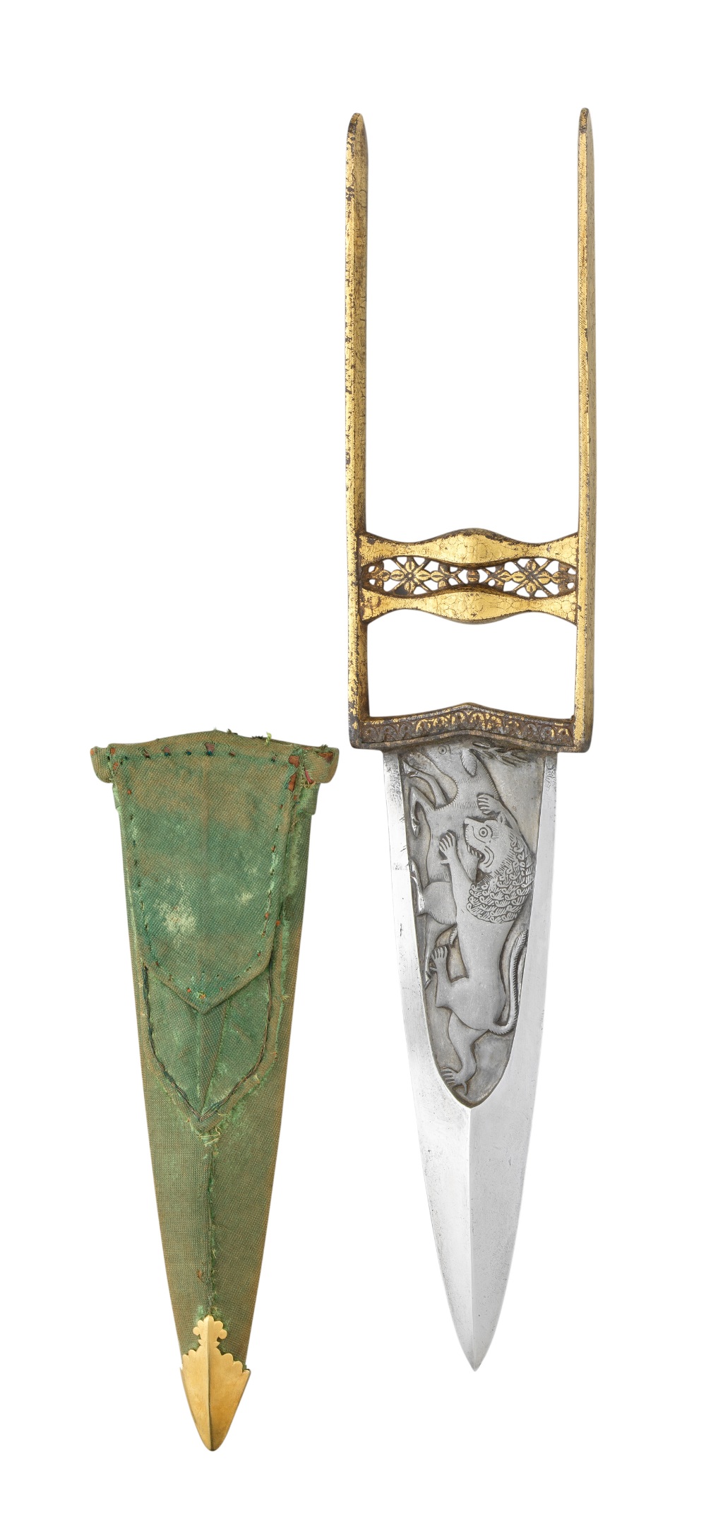 A FINE INDIAN DAGGER (KATAR), 18TH CENTURY, RAJASTHAN OR PUNJAB with triangular blade of watered