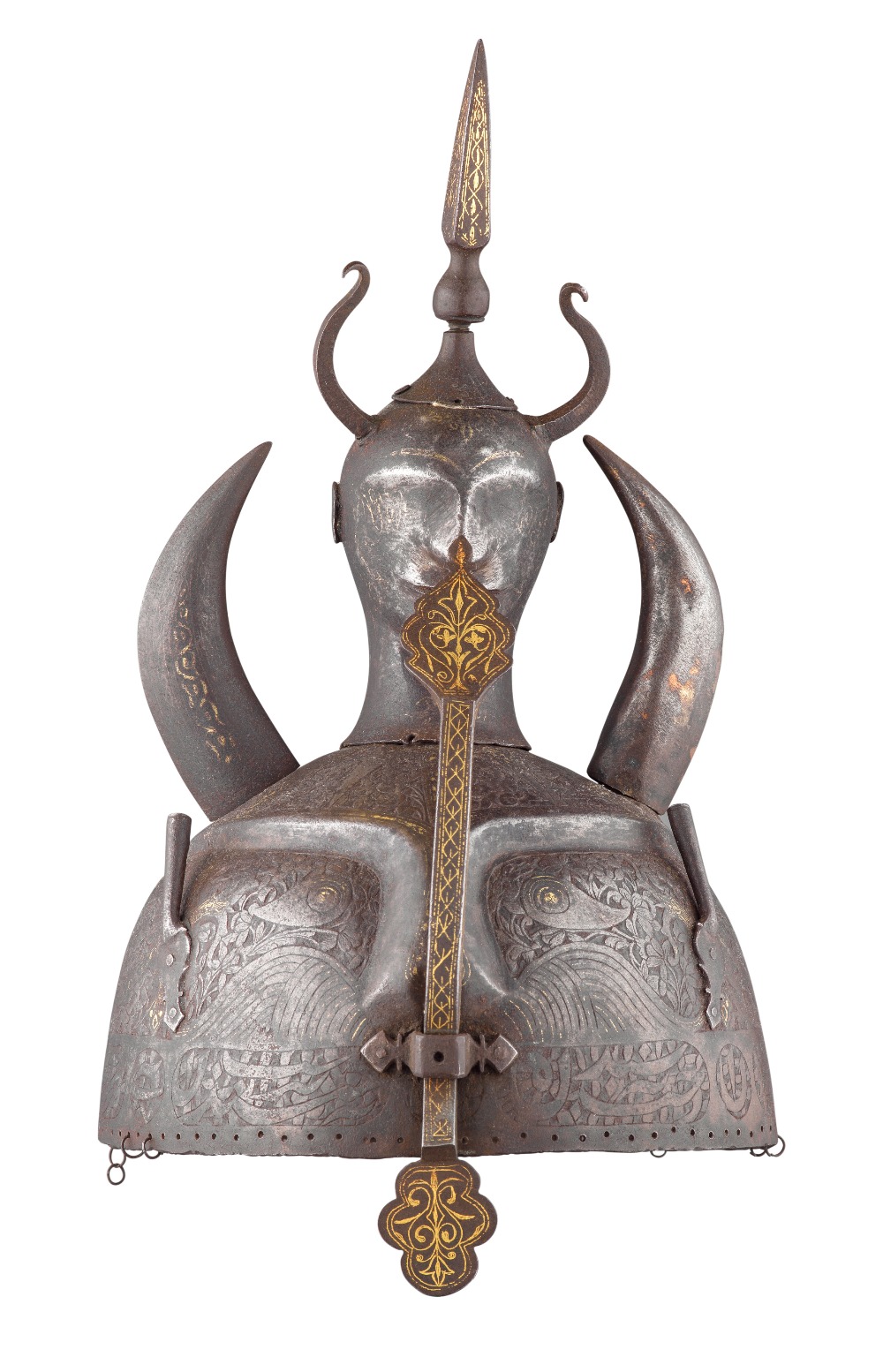 ‡ A PERSIAN HELMET (KULAH KHUD), QAJAR, 19TH CENTURY with hemispherical skull embossed with a