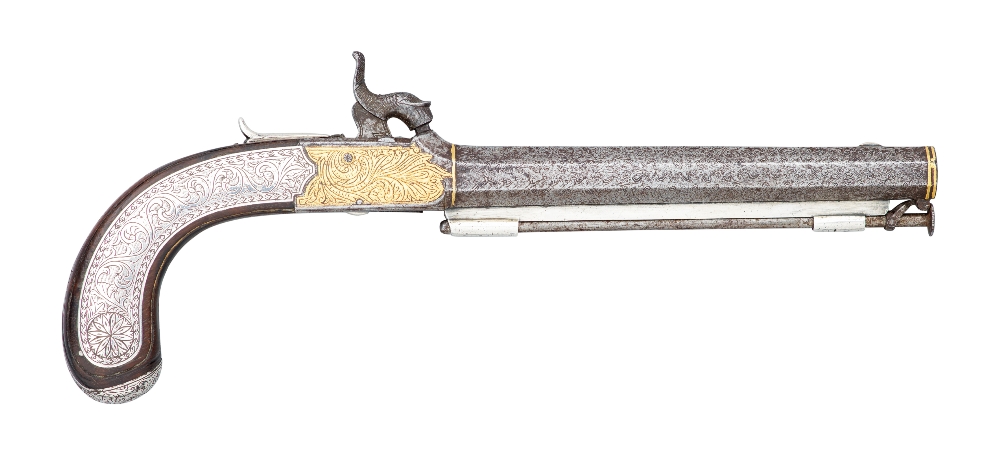 A RARE 42 BORE INDIAN SILVER-MOUNTED PERCUSSION BELT PISTOL, MID-19TH CENTURY with octagonal