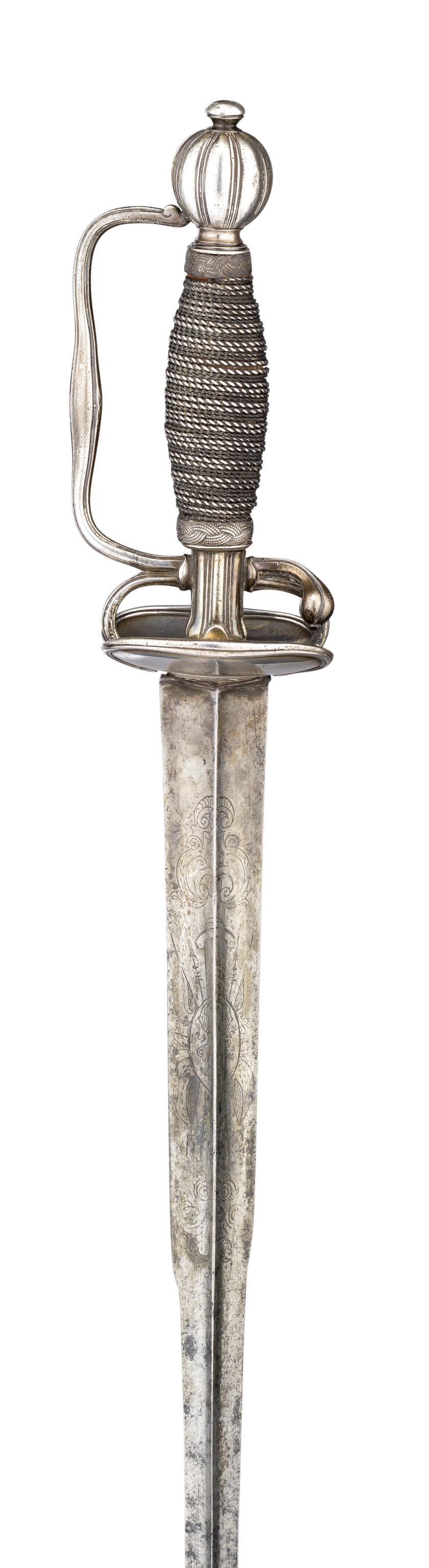 A FRENCH SILVER-HILTED SMALL-SWORD, CIRCA 1720 with colichemarde blade, etched with scrolls and a