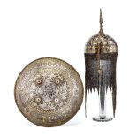 ‡ A PERSIAN HELMET (KULAH-KHUD) AND SHIELD (DHAL), QAJAR, MID-19TH CENTURY the kulah khud with