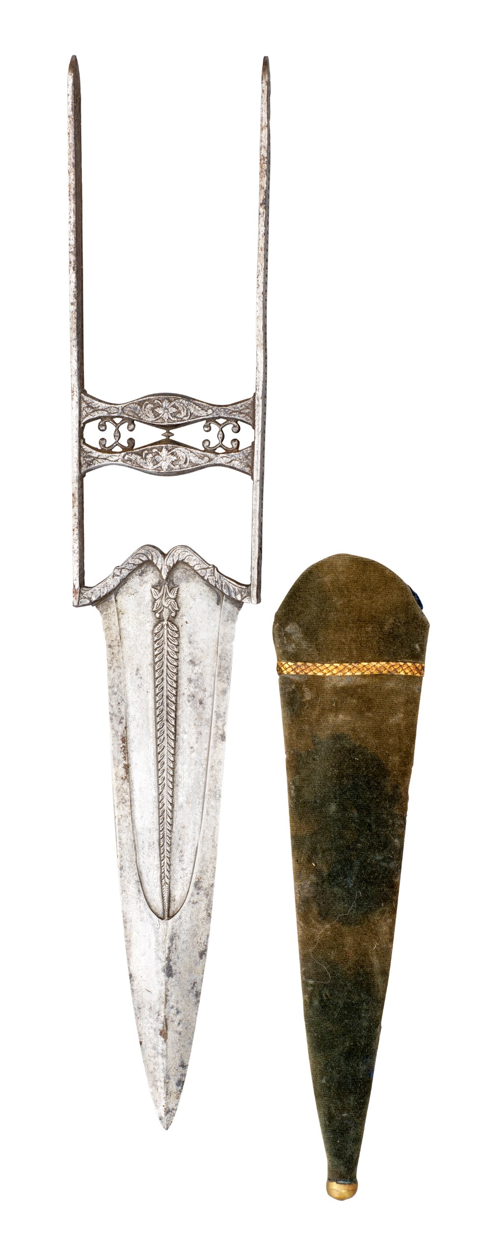 AN INDIAN DAGGER (KATAR), LATE 18TH CENTURY with strongly tapering blade formed with a reinforced