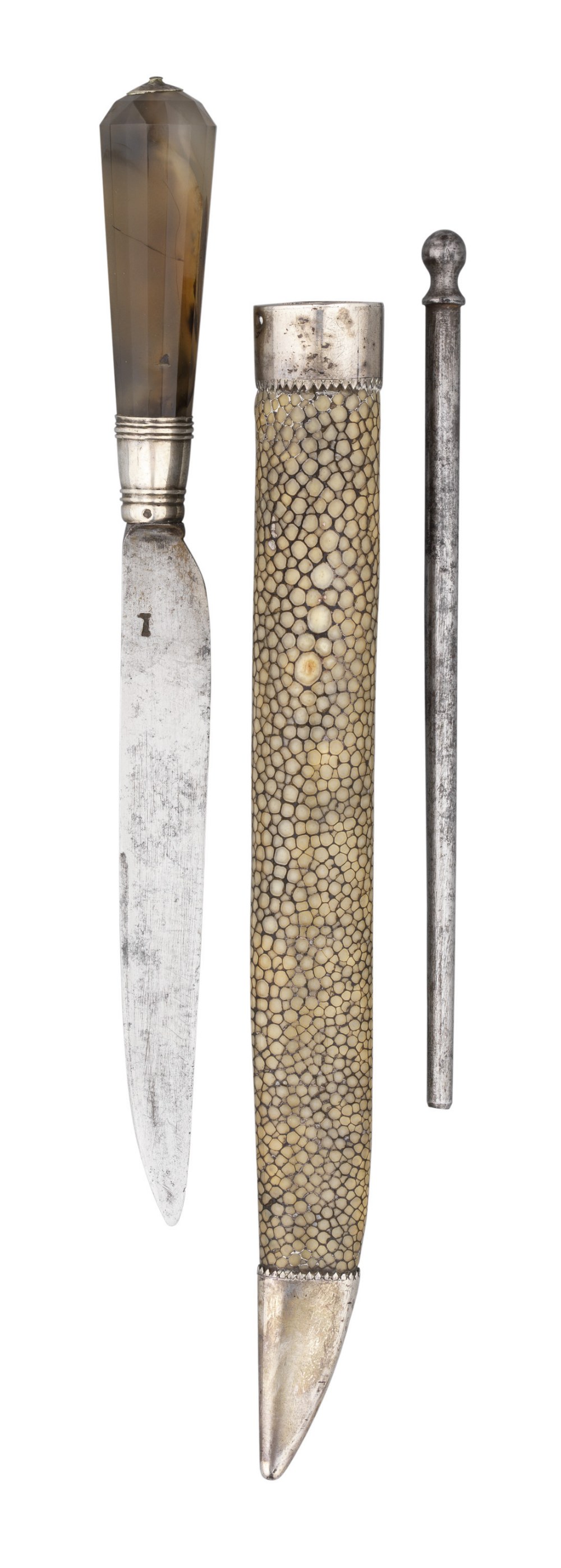 A CONTINENTAL SILVER-MOUNTED SMALL TROUSSE, LATE 18TH CENTURY comprising knife struck with a mark on