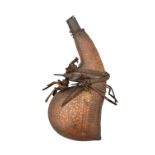 ‡ A LARGE AFRICAN POWDER-FLASK, 19TH CENTURY of characteristic form, with hide body the body