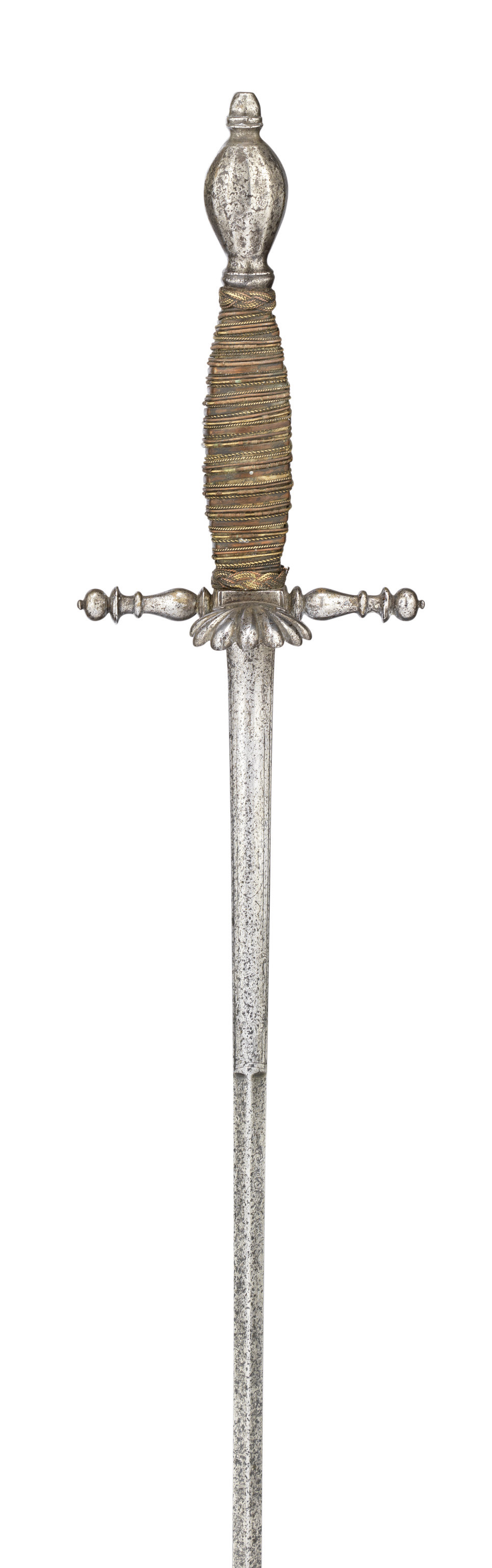 A TRANSITIONAL SWORD, MID-18TH CENTURY with tapering blade formed in two stages, iron hilt formed of