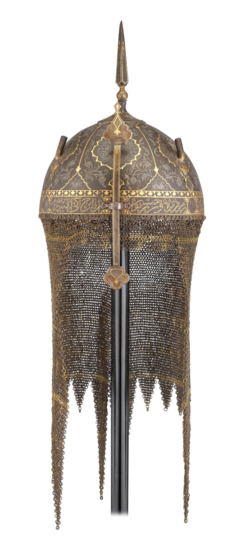 ‡ A PERSIAN HELMET (KULAH-KHUD), QAJAR, MID-19TH CENTURY with hemispherical skull fitted at its apex