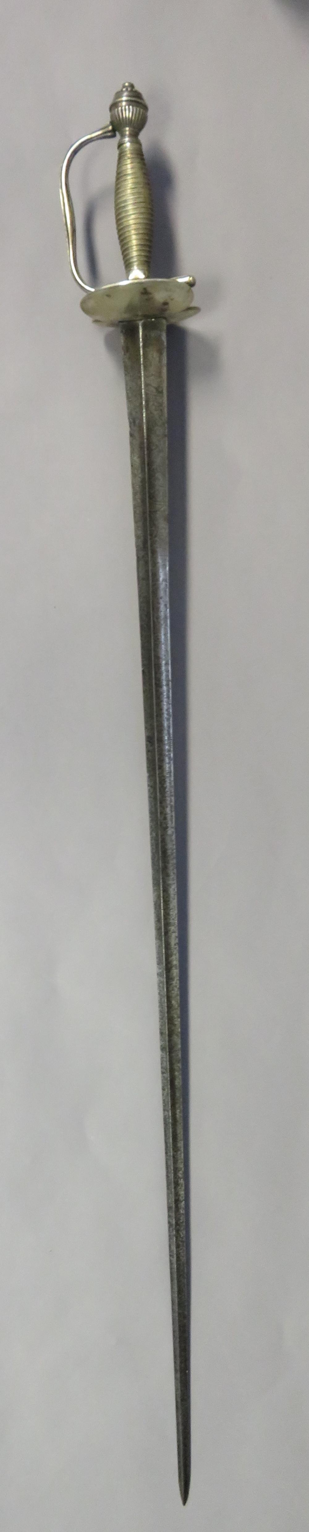 A SMALL-SWORD, PROBABLY FRENCH, 19TH CENTURY with earlier hollow-triangular blade etched with