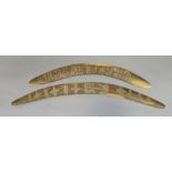 ‡ TWO AUSTRALIAN ABORIGINAL BOOMERANGS, 20TH CENTURY of characteristic form, each carved with