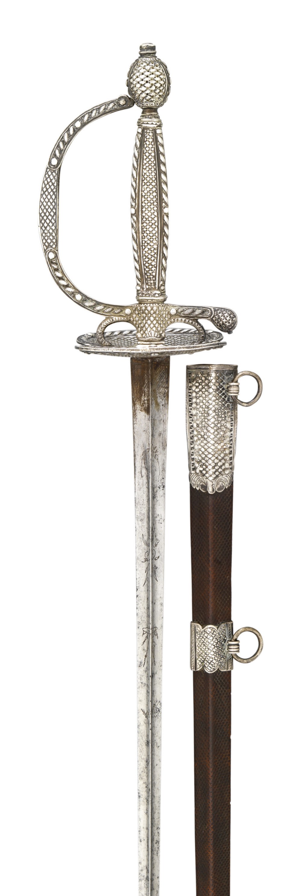 A CONTINENTAL SILVER-HILTED SMALL-SWORD, CIRCA 1790 with hollow-triangular blade etched and gilt