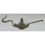 ‡ A CHISELLED IRON SWORD BELT HOOK AND BRASS CARRYING CHAIN, THIRD QUARTER OF THE 18TH CENTURY the