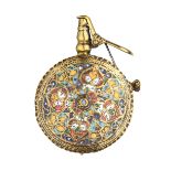 ‡ A RUSSIAN SMALL ENAMELLED BRASS POWDER-FLASK, 17TH/18TH CENTURY of circular form, enamelled on